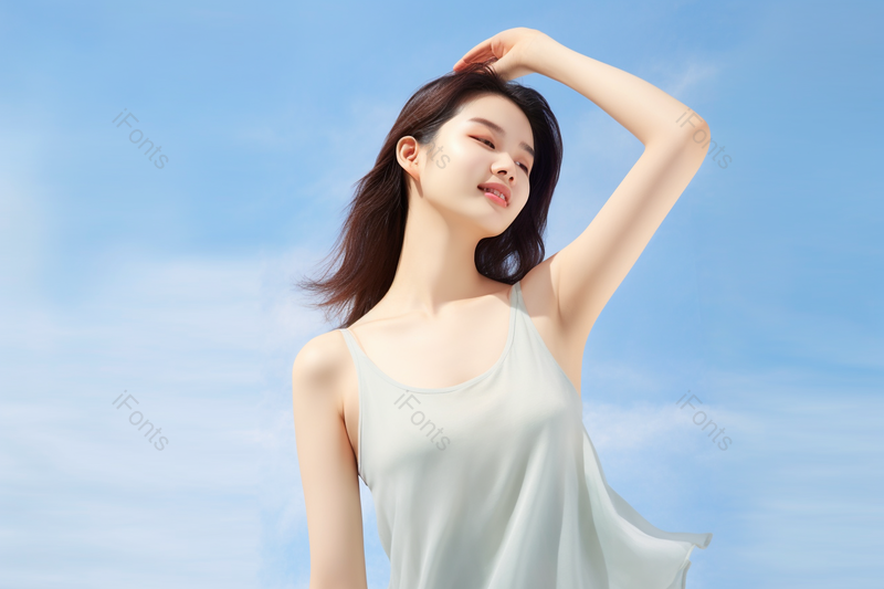蓝天下简约清新的甜美女孩白嫩肌肤,高清,摄影图,摄影图片,图片大全,摄影图免费下载